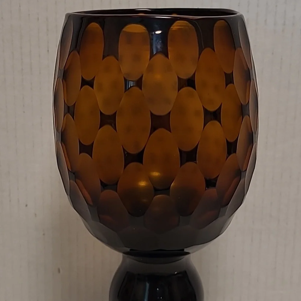 Vintage Murano Style Black Cut to Amber Vase / Candle Holder